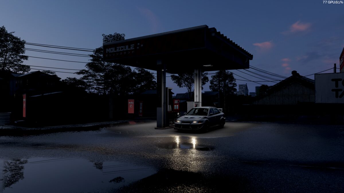 Tangkapan layar mobil berhenti di pom bensin bergaya Jepang saat malam hari dalam game balap